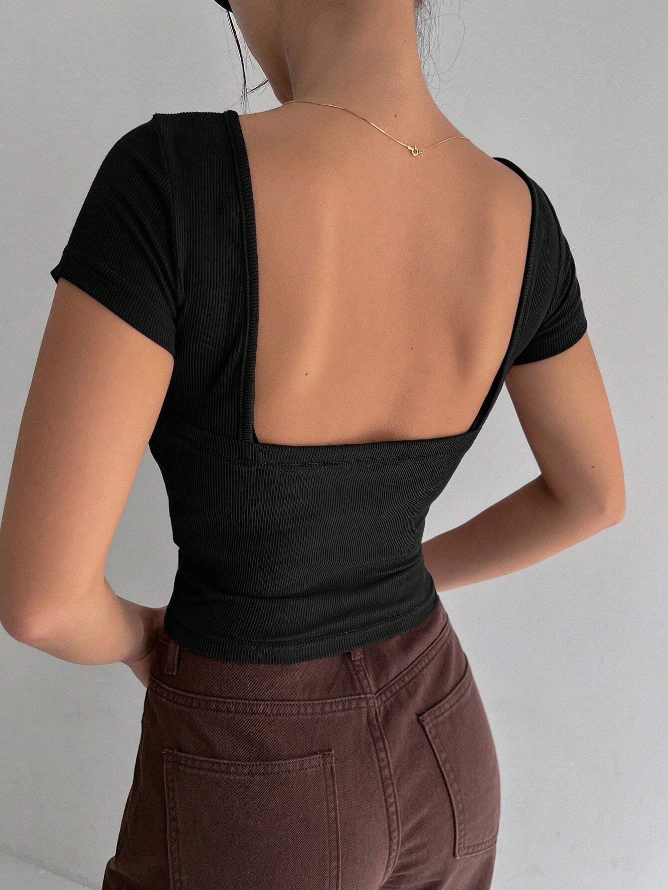 Solid Backless Crop Ribbed Knit Tee,Halter Top