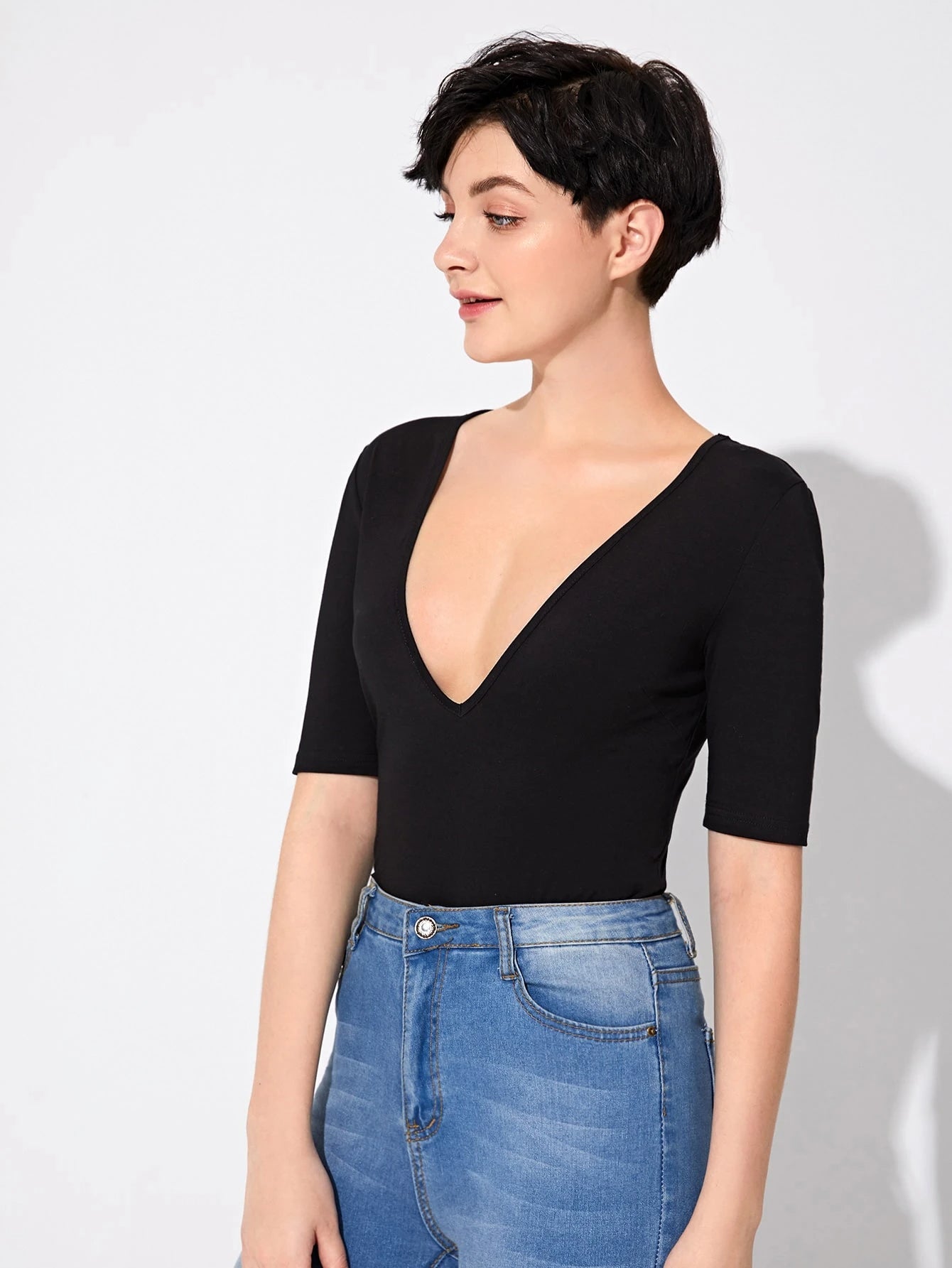 Slim Fit Deep V-Neck Plunging Neck T-Shirt