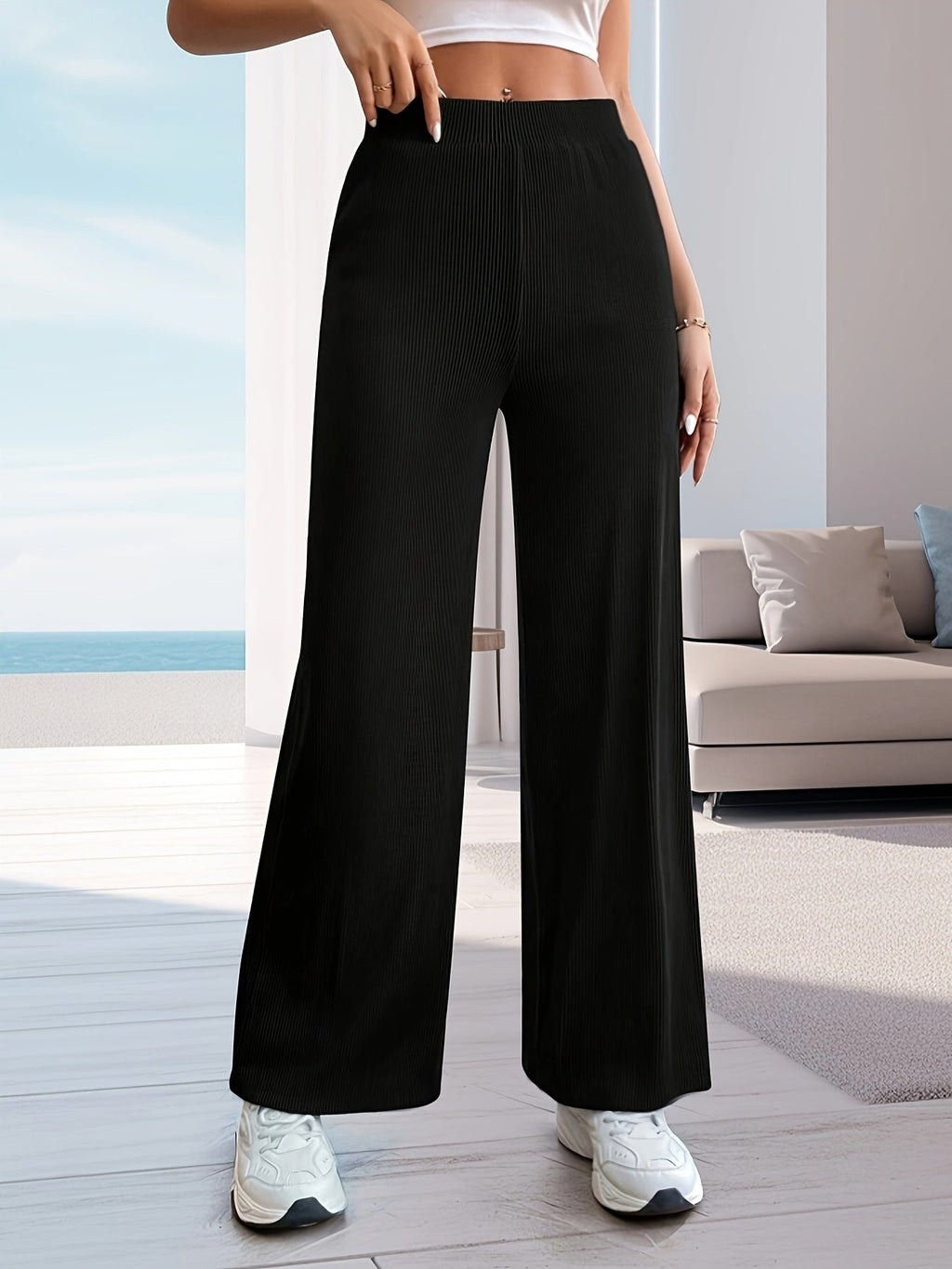 Solid Ribbed Knit Wide Leg Pants