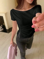 Solid Color Short Sleeve Ruched Side Split Bodycon Waist T-Shirt