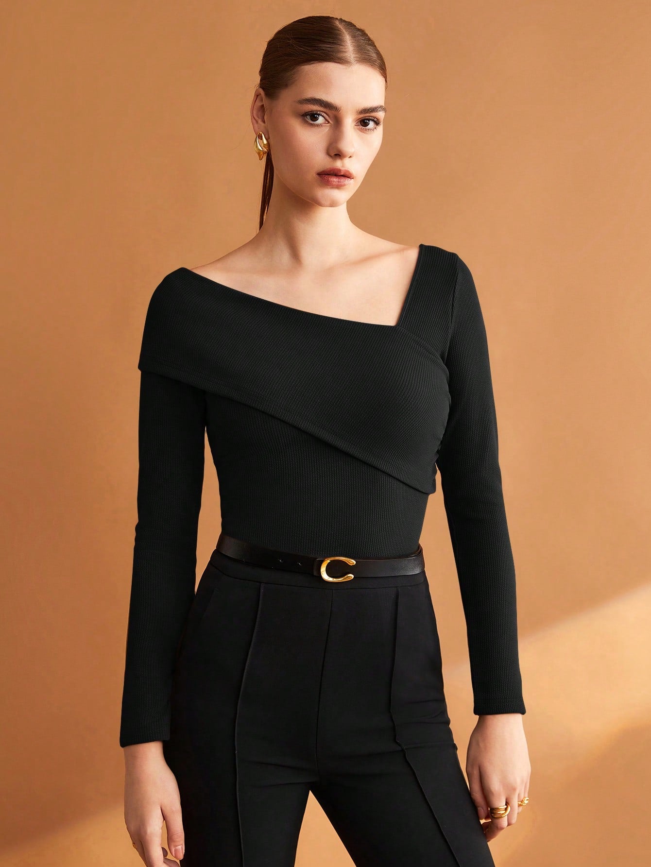 Elastic Ruched Asymmetric Neck Long Sleeve Elegant T-Shirt