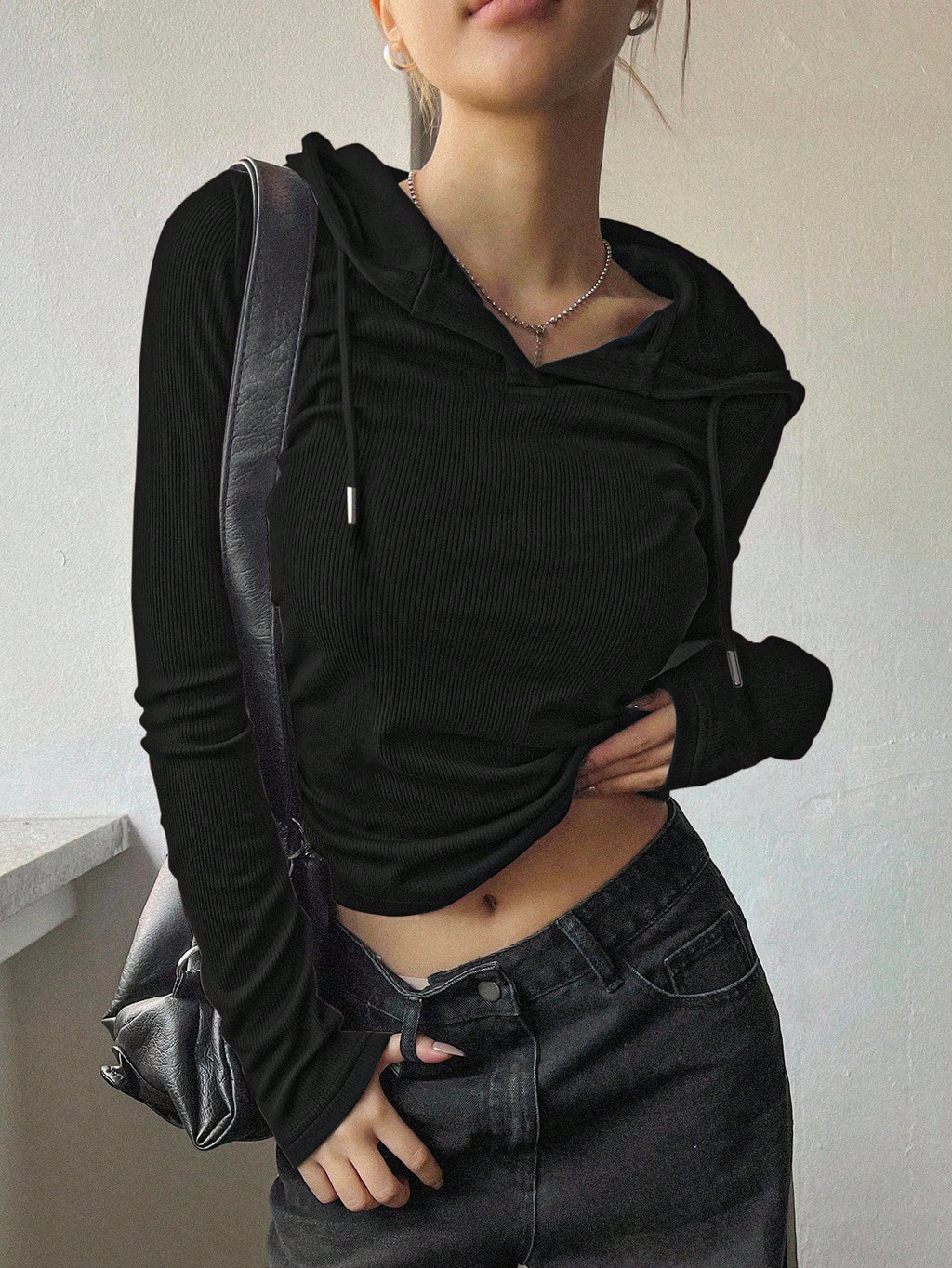 Solid Color Drawstring Hooded Long Sleeve T-Shirt