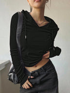 Solid Color Drawstring Hooded Long Sleeve T-Shirt