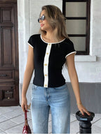 Elegant Casual Contrast Color Slim Fit Short Sleeve Tee