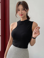 Asymmetrical Neck Ribbed Knit Tank Top