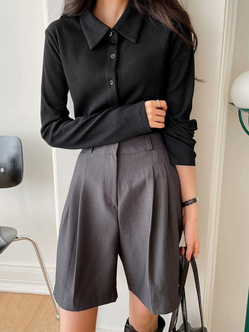 Ribbed Button-Up Shirt - Long Sleeve Collared Knit Blouse, Slim Fit Casual Top