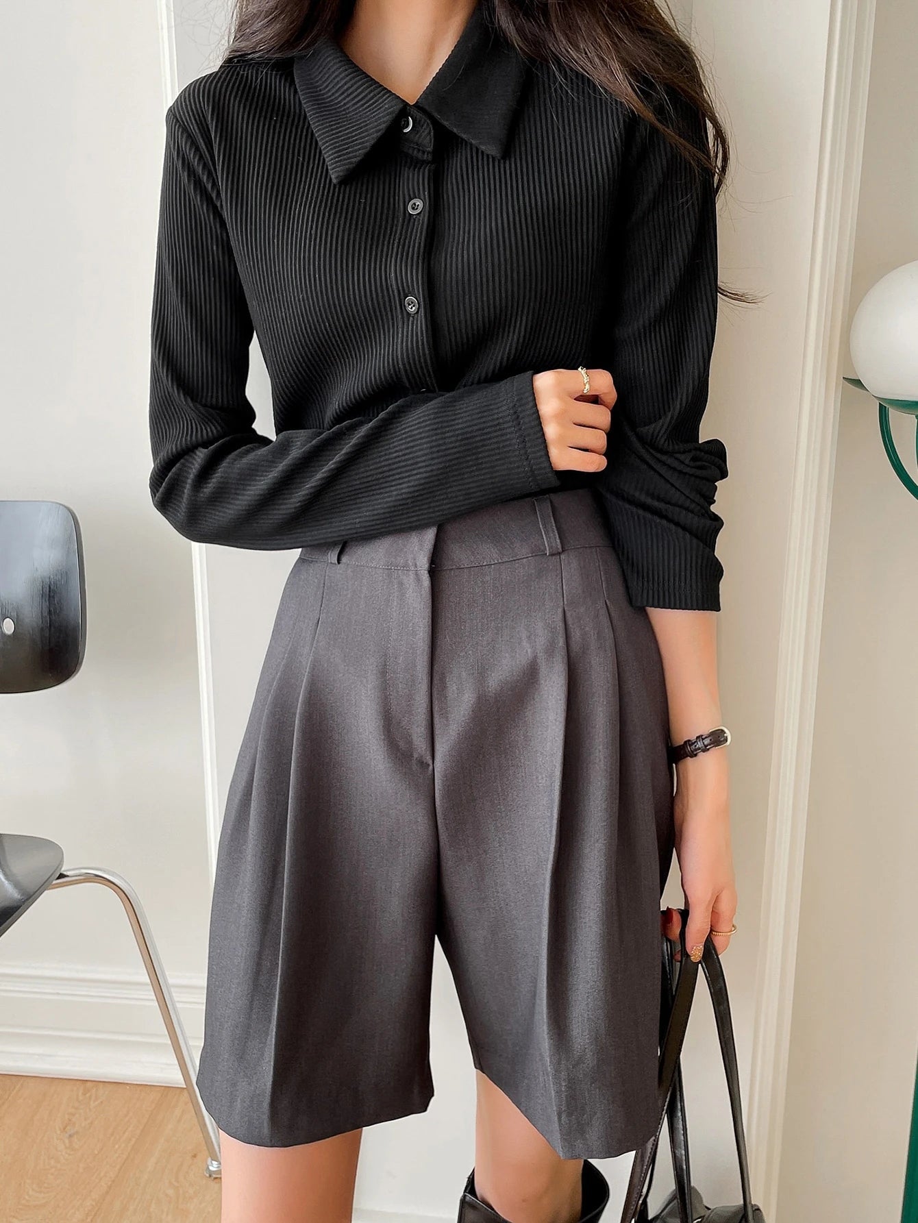 Ribbed Button-Up Shirt - Long Sleeve Collared Knit Blouse, Slim Fit Casual Top