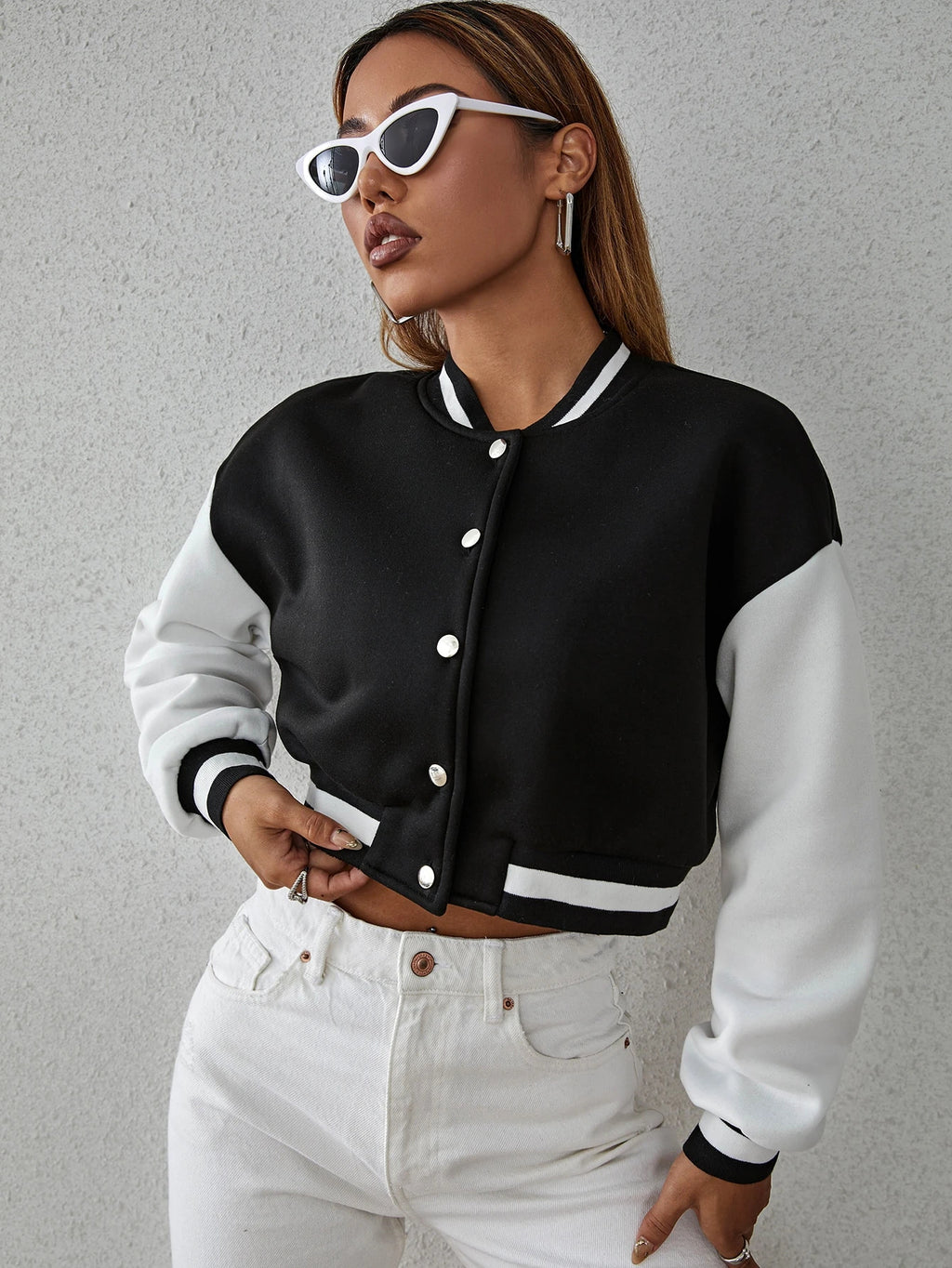 Drop Shoulder Two Tone Crop Varsity Jacket Fall Winter Cloth For Women