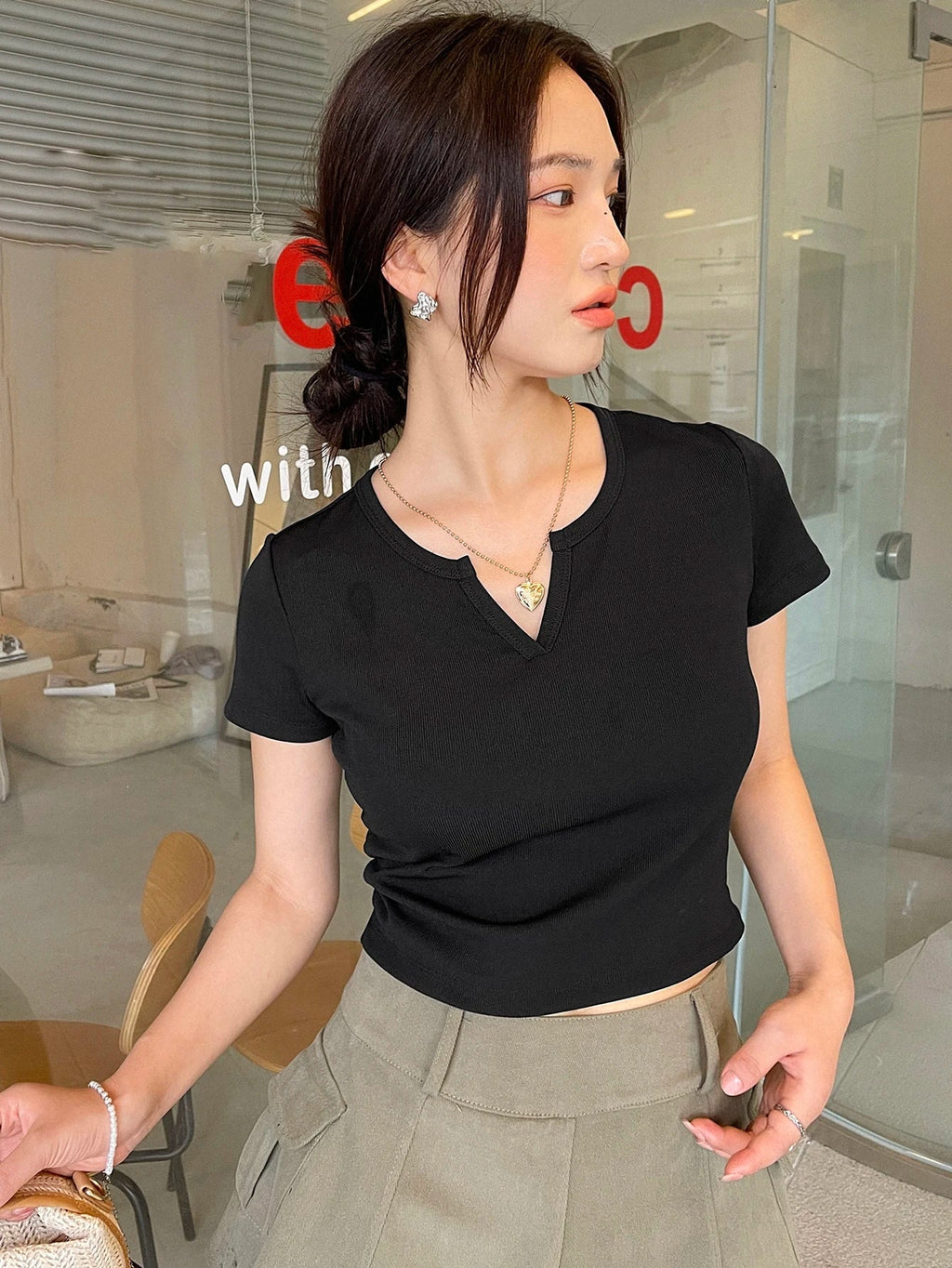 Ribbed Knit Notched Neck Tee