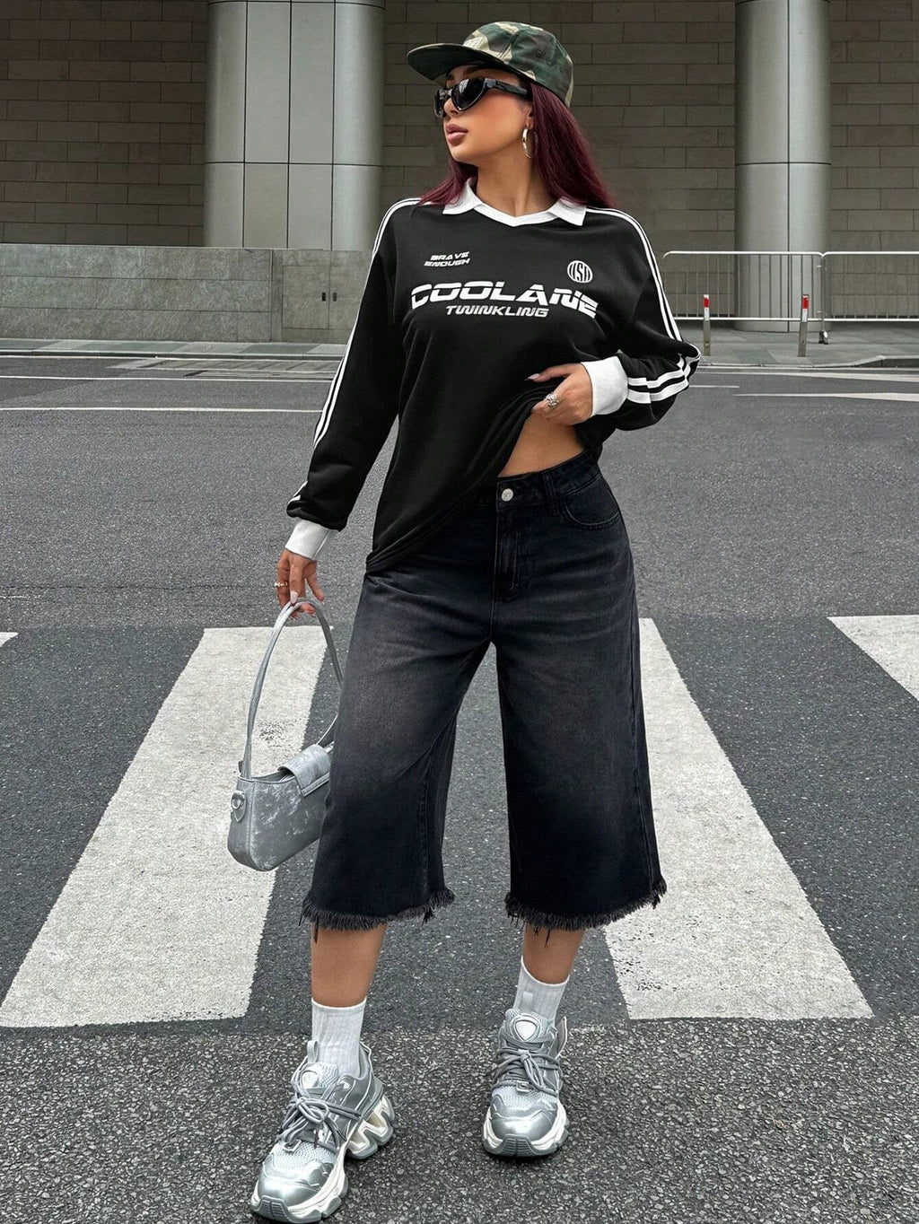 Fall/Winter Casual/Going Out V-Neck Banded Texture Decoration Black Baggy Sport Sweatshirt