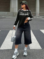 Fall/Winter Casual/Going Out V-Neck Banded Texture Decoration Black Baggy Sport Sweatshirt