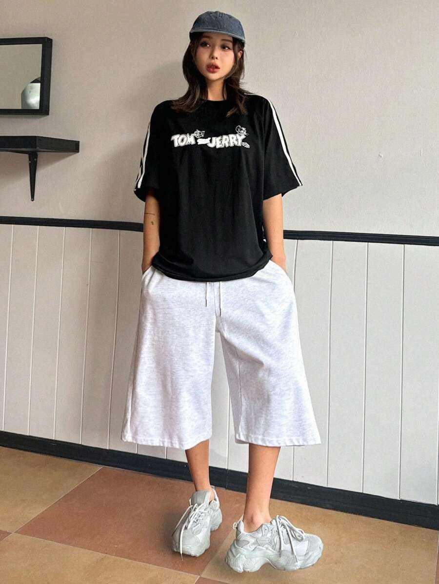 TOM AND JERRY X DAZY Women's Casual Loose Fit 3/4 Sleeve Letter Print Sport T-Shirt