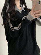Contrast Color Block Striped Long Sleeve Casual Letter Print Sweatshirt, Collegiate Style, Long Sleeve Tops