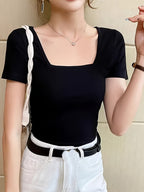 Square Neck Black Short Sleeve T-Shirt