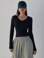 Solid Color Ribbed Slim Fit Long Sleeve T-Shirt