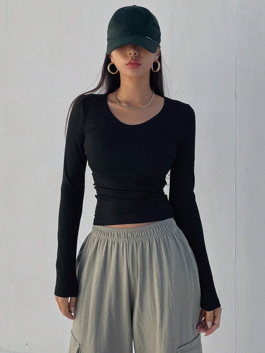 Solid Color Ribbed Slim Fit Long Sleeve T-Shirt