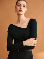 Elastic Ruched Asymmetric Neck Long Sleeve Elegant T-Shirt
