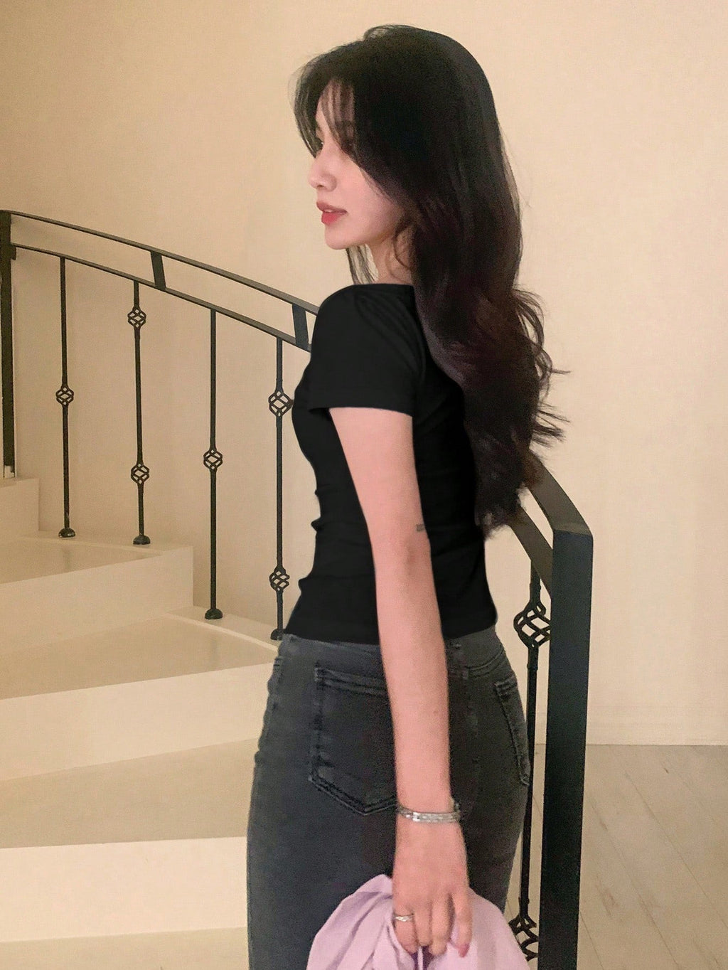 Solid Color Short Sleeve Ruched Side Split Bodycon Waist T-Shirt