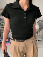 Collared Half-Zip Form-Fitting Short Sleeve T-Shirt