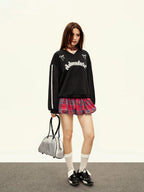 V-Neck Letter Print Drop Shoulder Long Sleeve Casual Sweatshirt Pullover Fall