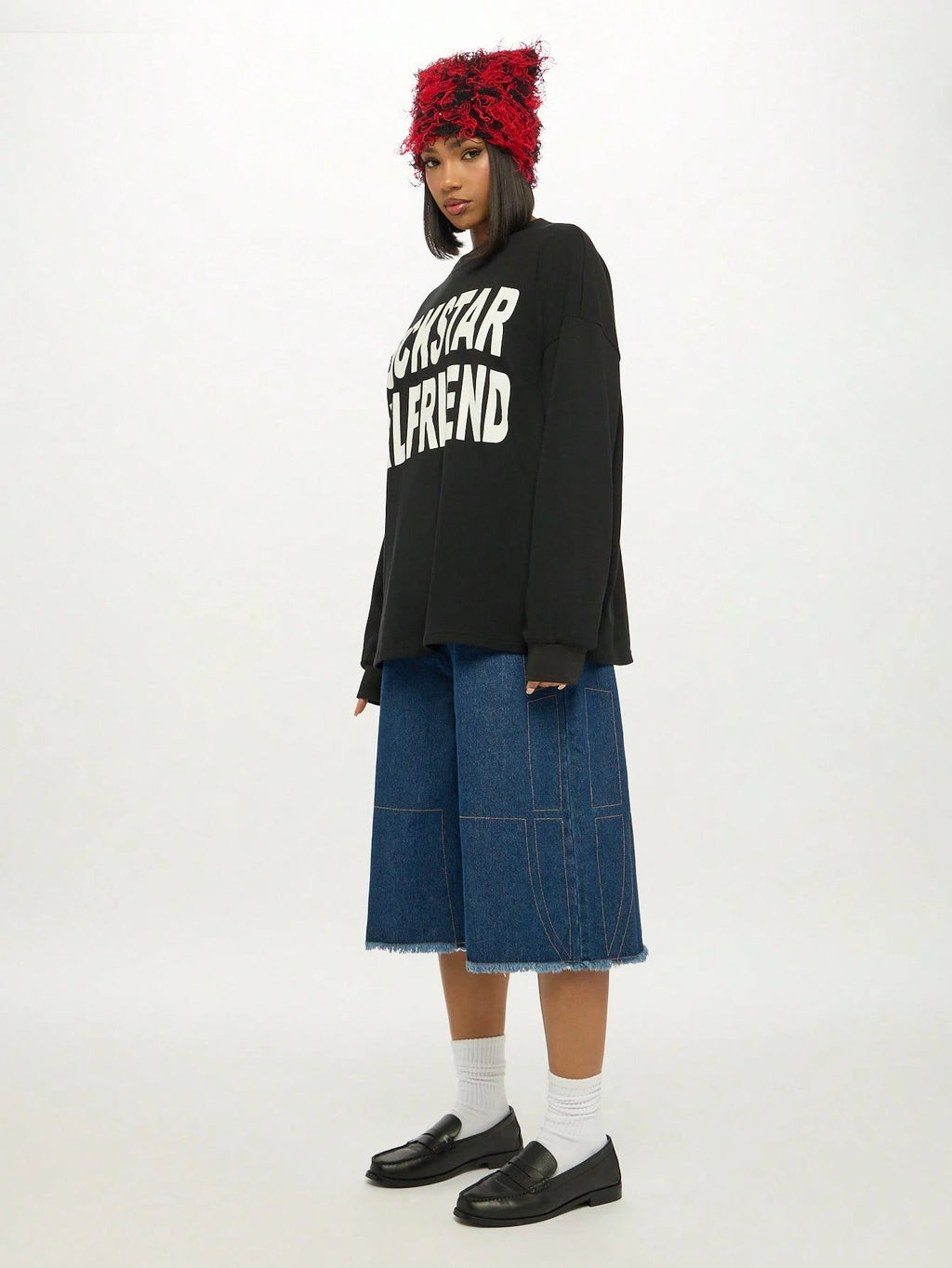 Rockstar Girlfriend Long Sleeve Graphic Tee Oversized Boyfriend Style Cotton Blend Statement Top