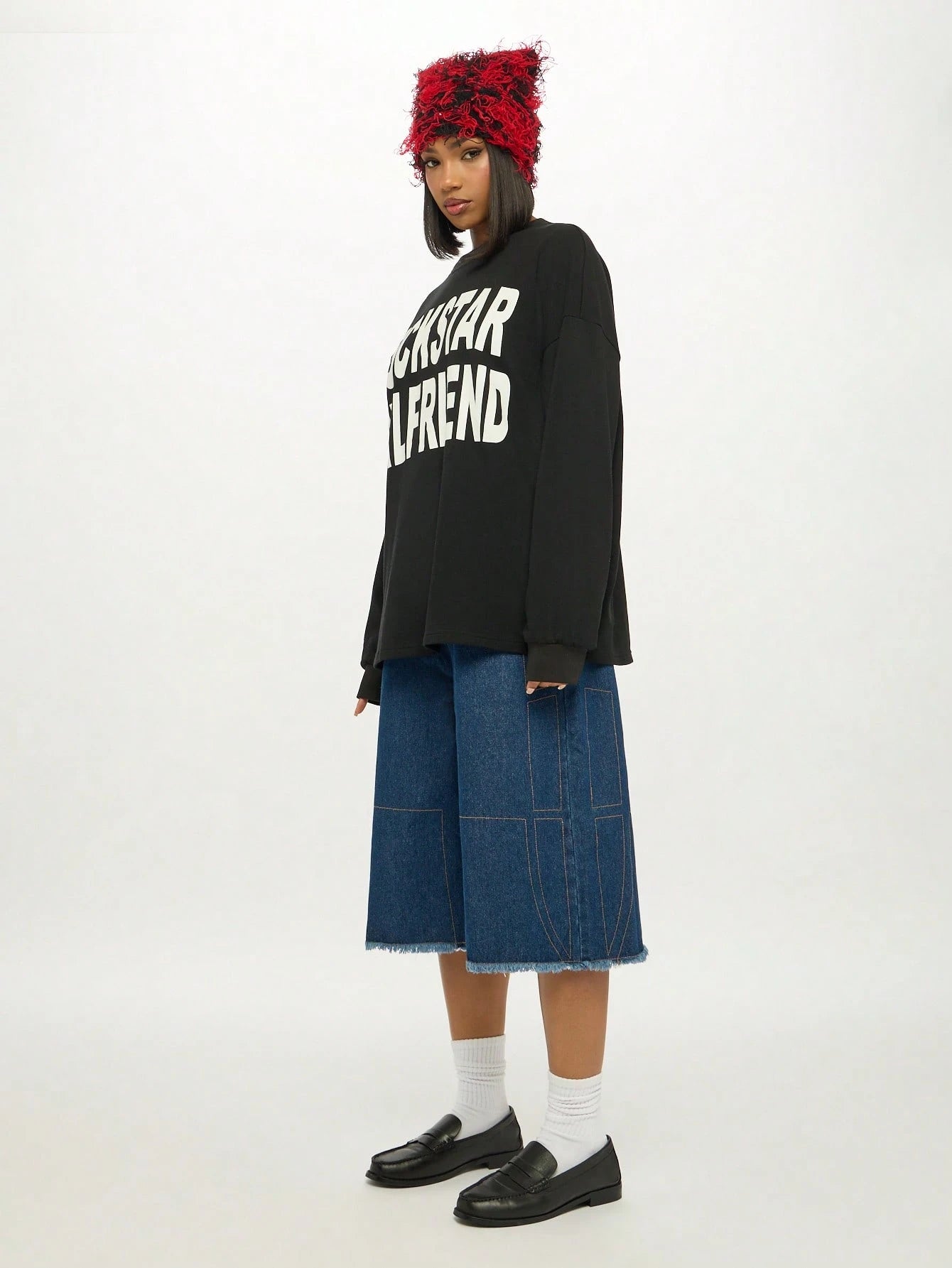 Rockstar Girlfriend Long Sleeve Graphic Tee Oversized Boyfriend Style Cotton Blend Statement Top