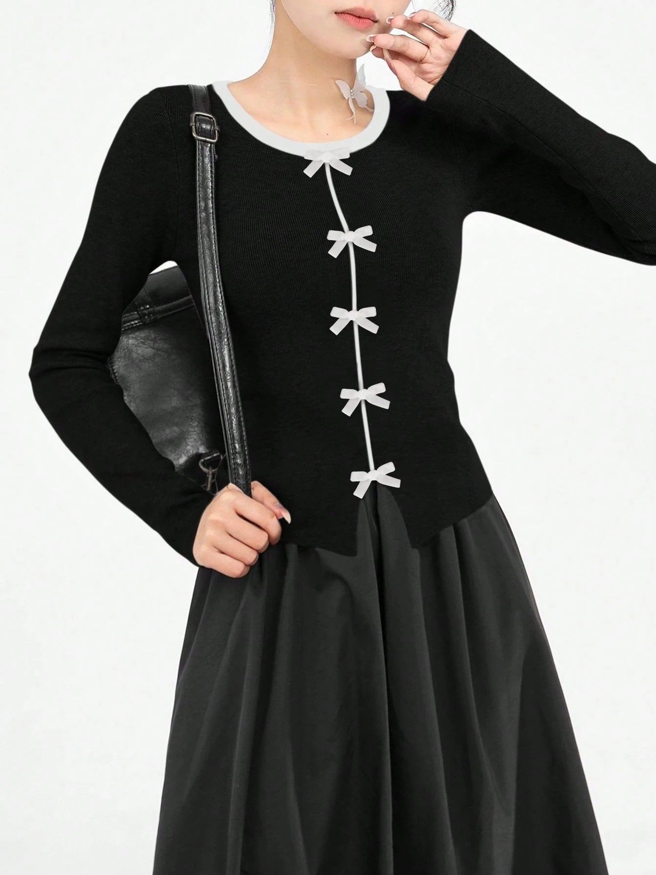Bow Decor Contrast Color Classy Flattering Slim Fit Sweater For Women