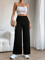 Solid Ribbed Knit Wide Leg Pants