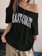 Off-Shoulder Short Sleeve Letter Printed Casual T-Shirt Graphic Tees Women Tops