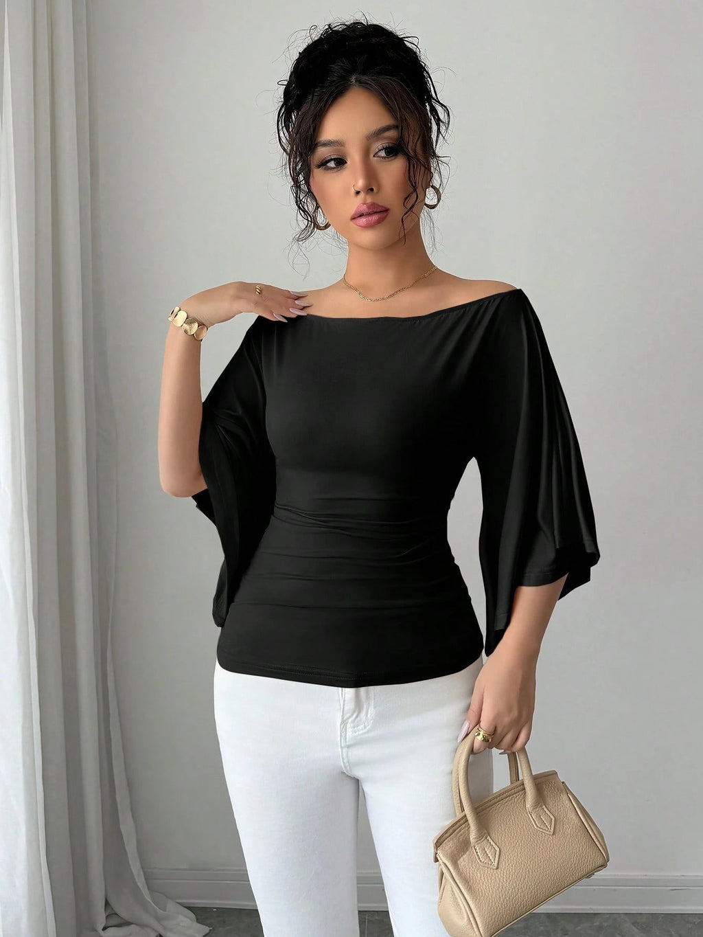 Solid Color Boat Neck Flare Sleeve Knit Fashion T-Shirt