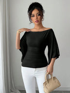 Solid Color Boat Neck Flare Sleeve Knit Fashion T-Shirt