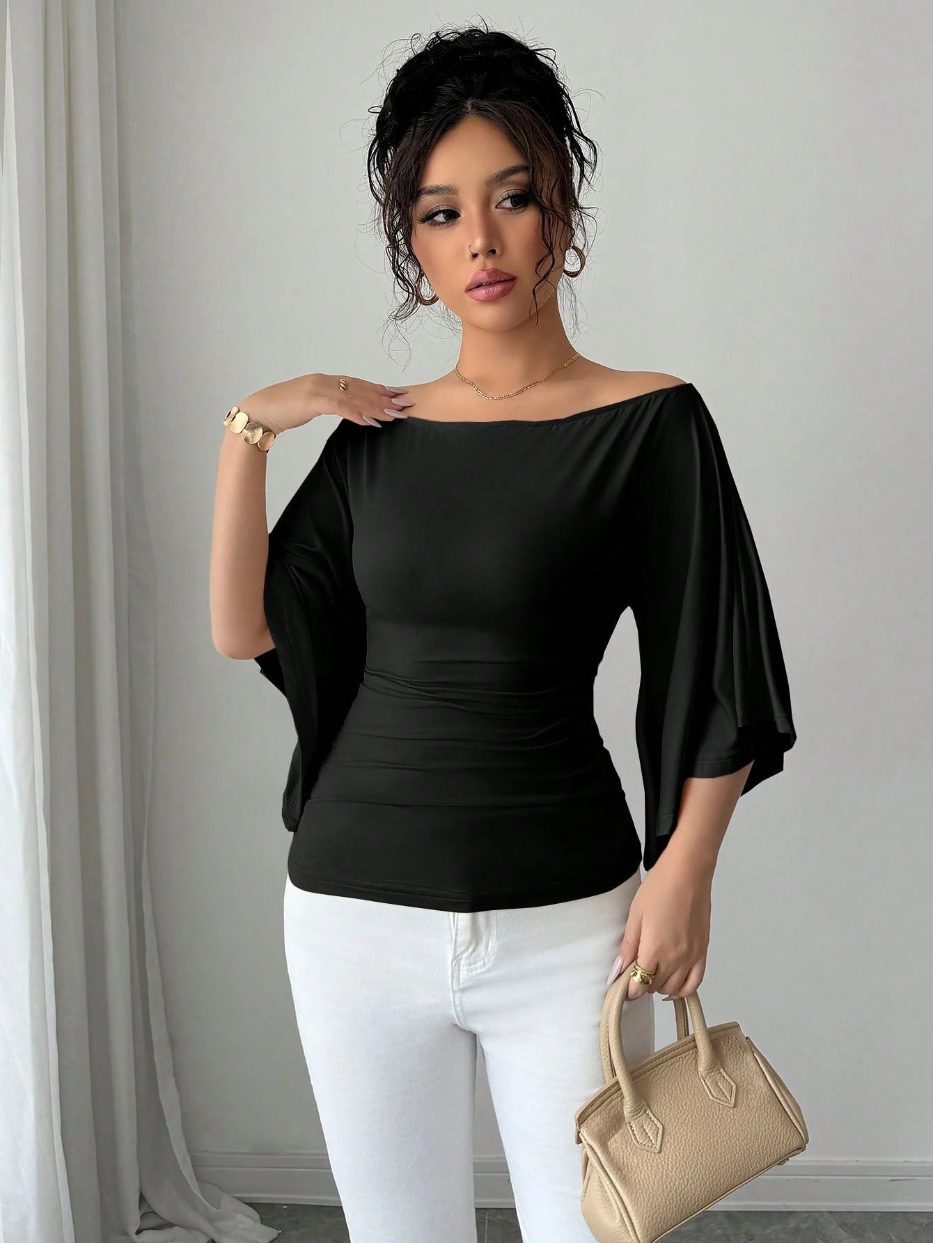 Solid Color Boat Neck Flare Sleeve Knit Fashion T-Shirt