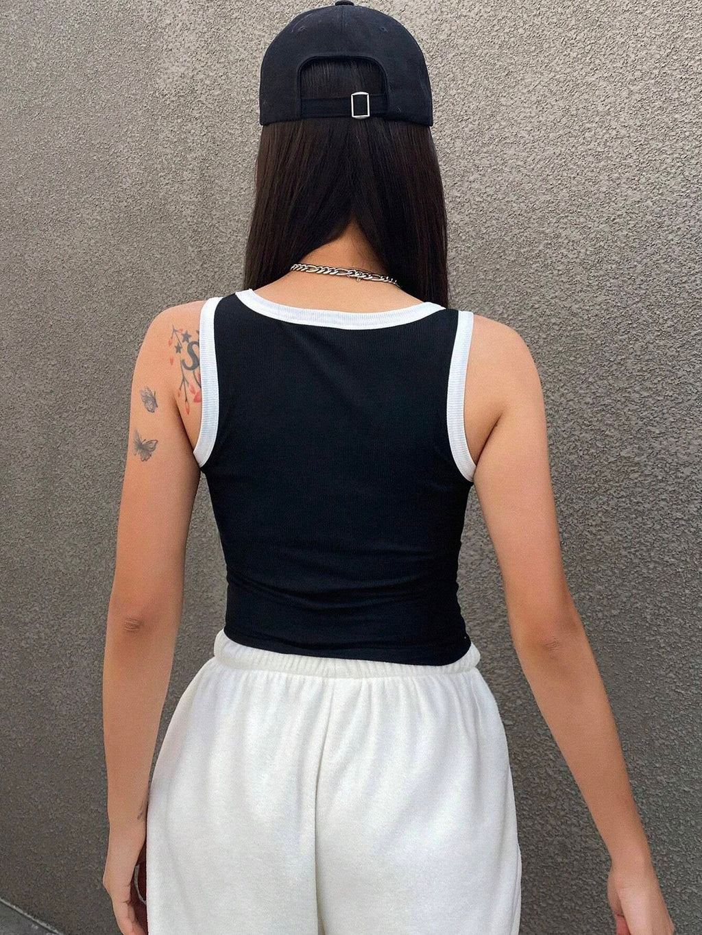 Letter Print Contrast Trim Tight Crop Tank Top With U-Neck For Women