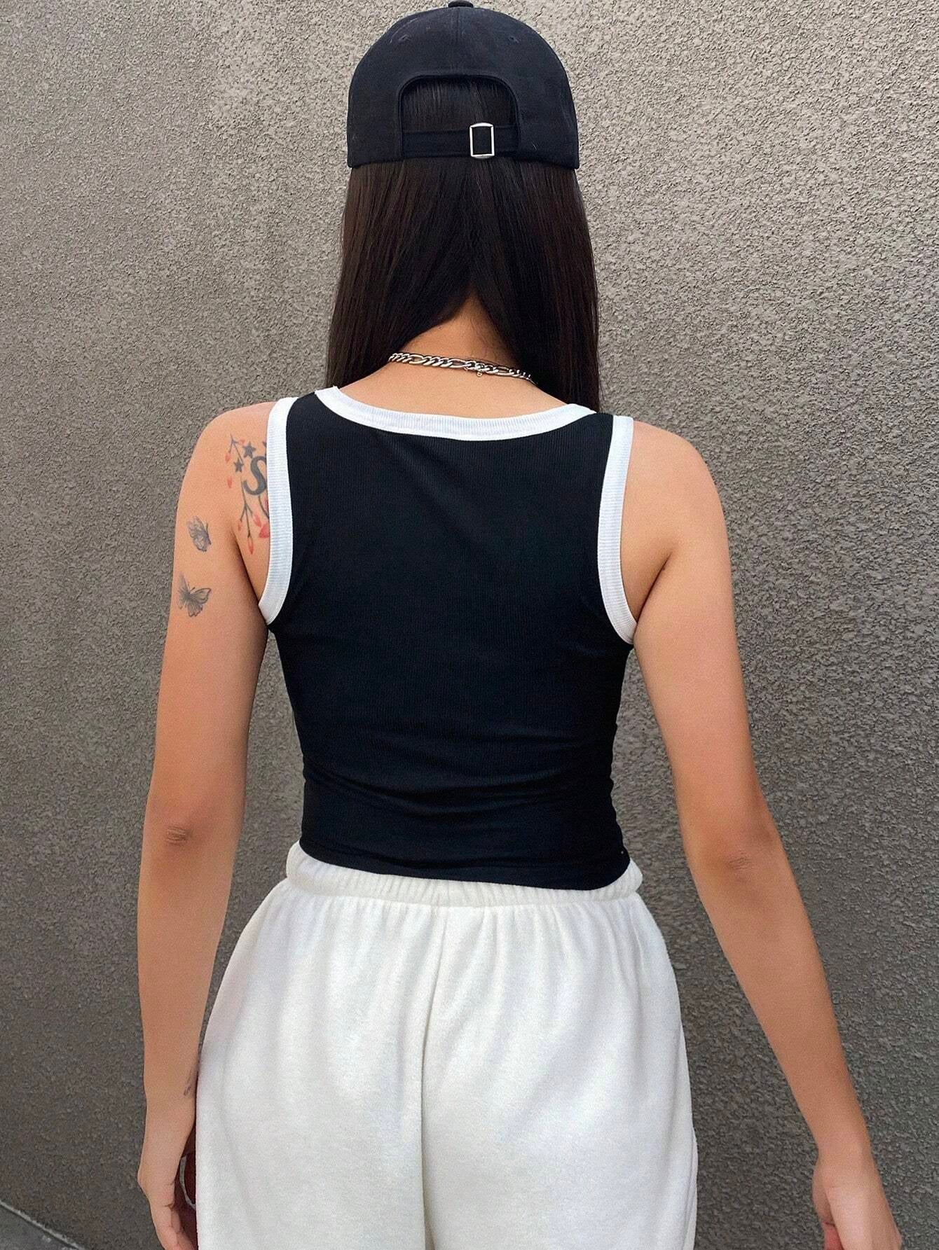 Letter Print Contrast Trim Tight Crop Tank Top With U-Neck For Women