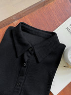Ribbed Button-Up Shirt - Long Sleeve Collared Knit Blouse, Slim Fit Casual Top