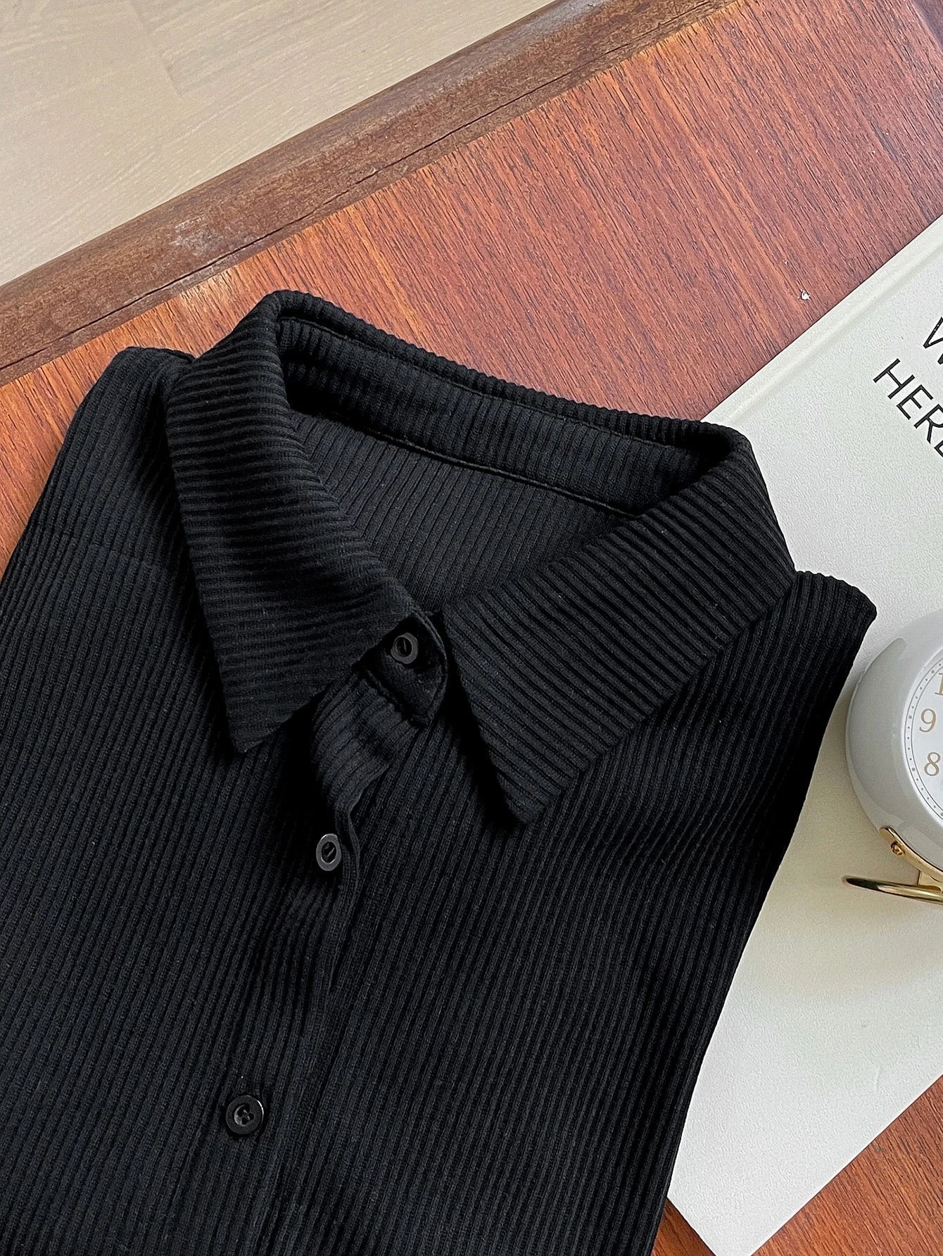 Ribbed Button-Up Shirt - Long Sleeve Collared Knit Blouse, Slim Fit Casual Top