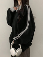 Contrast Color Block Striped Long Sleeve Casual Letter Print Sweatshirt, Collegiate Style, Long Sleeve Tops