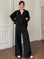 Casual Solid Color Turndown Collar Loose Sweater And Wide Leg Pants 2 Pieces Set