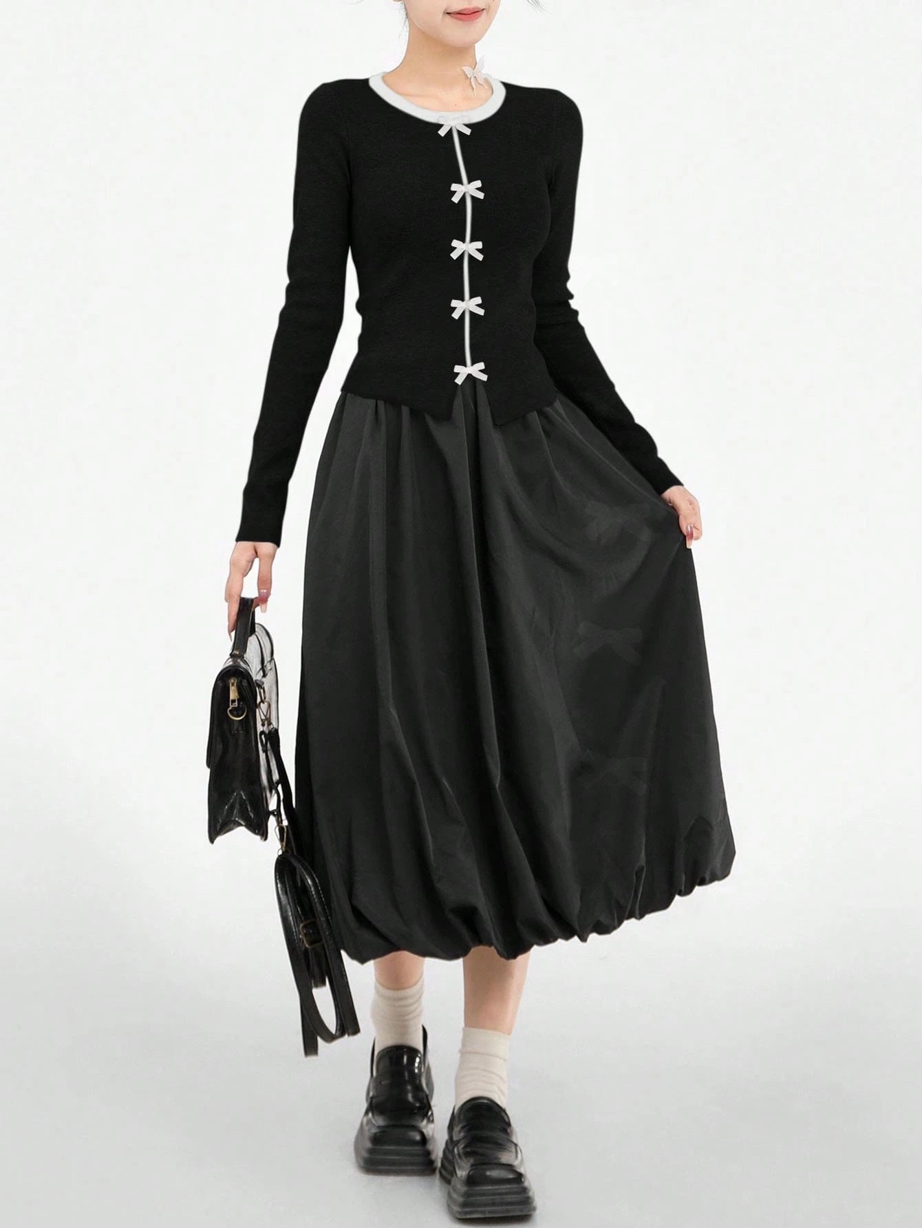 Bow Decor Contrast Color Classy Flattering Slim Fit Sweater For Women