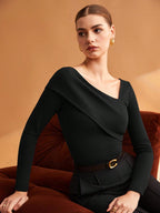 Elastic Ruched Asymmetric Neck Long Sleeve Elegant T-Shirt