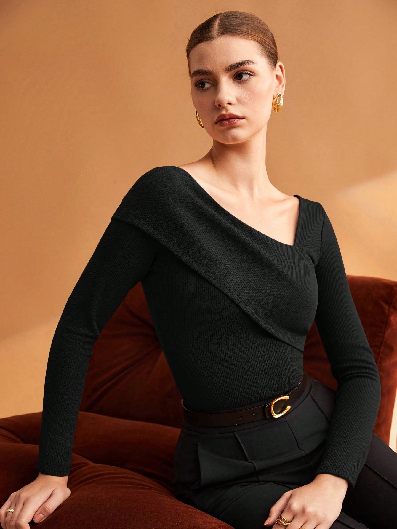 Elastic Ruched Asymmetric Neck Long Sleeve Elegant T-Shirt