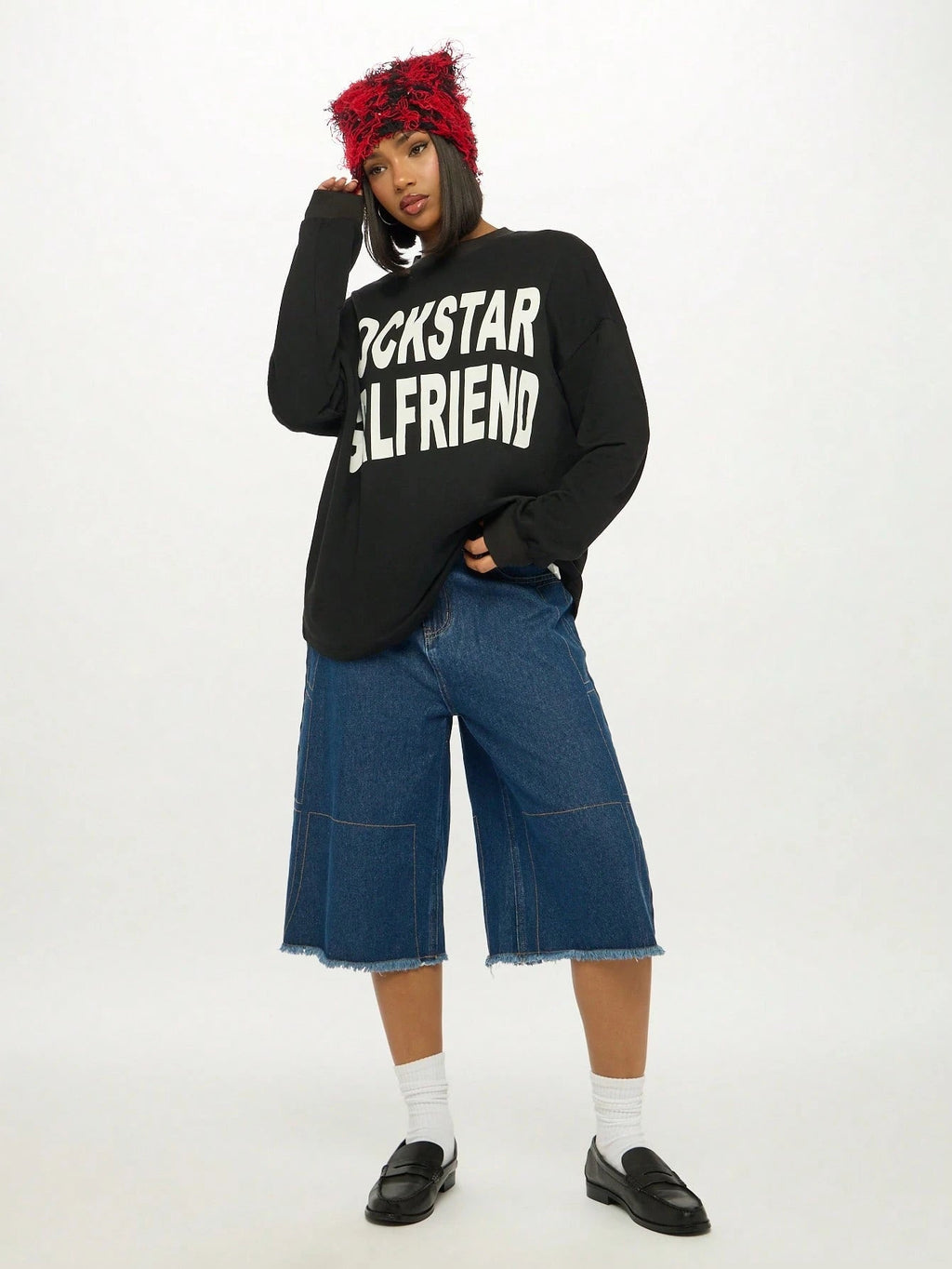 Rockstar Girlfriend Long Sleeve Graphic Tee Oversized Boyfriend Style Cotton Blend Statement Top