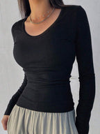 Solid Color Ribbed Slim Fit Long Sleeve T-Shirt