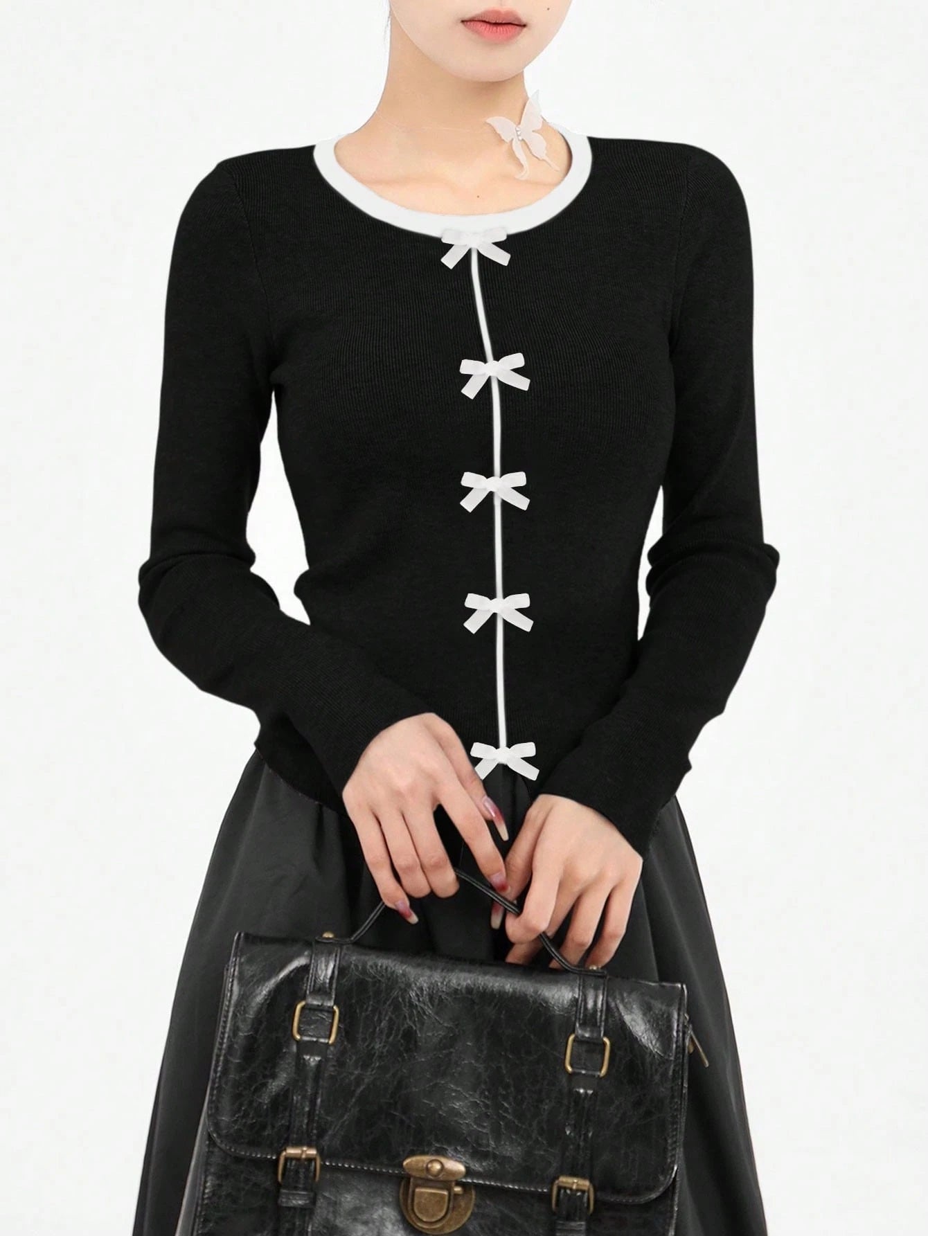 Bow Decor Contrast Color Classy Flattering Slim Fit Sweater For Women