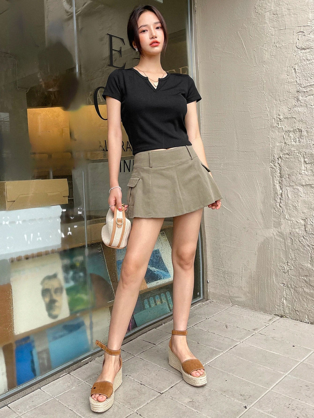 Ribbed Knit Notched Neck Tee