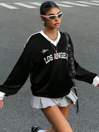 New Letter Print Colorblock Long Sleeve Casual T-Shirt