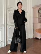 Casual Solid Color Turndown Collar Loose Sweater And Wide Leg Pants 2 Pieces Set