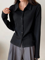 Ribbed Button-Up Shirt - Long Sleeve Collared Knit Blouse, Slim Fit Casual Top