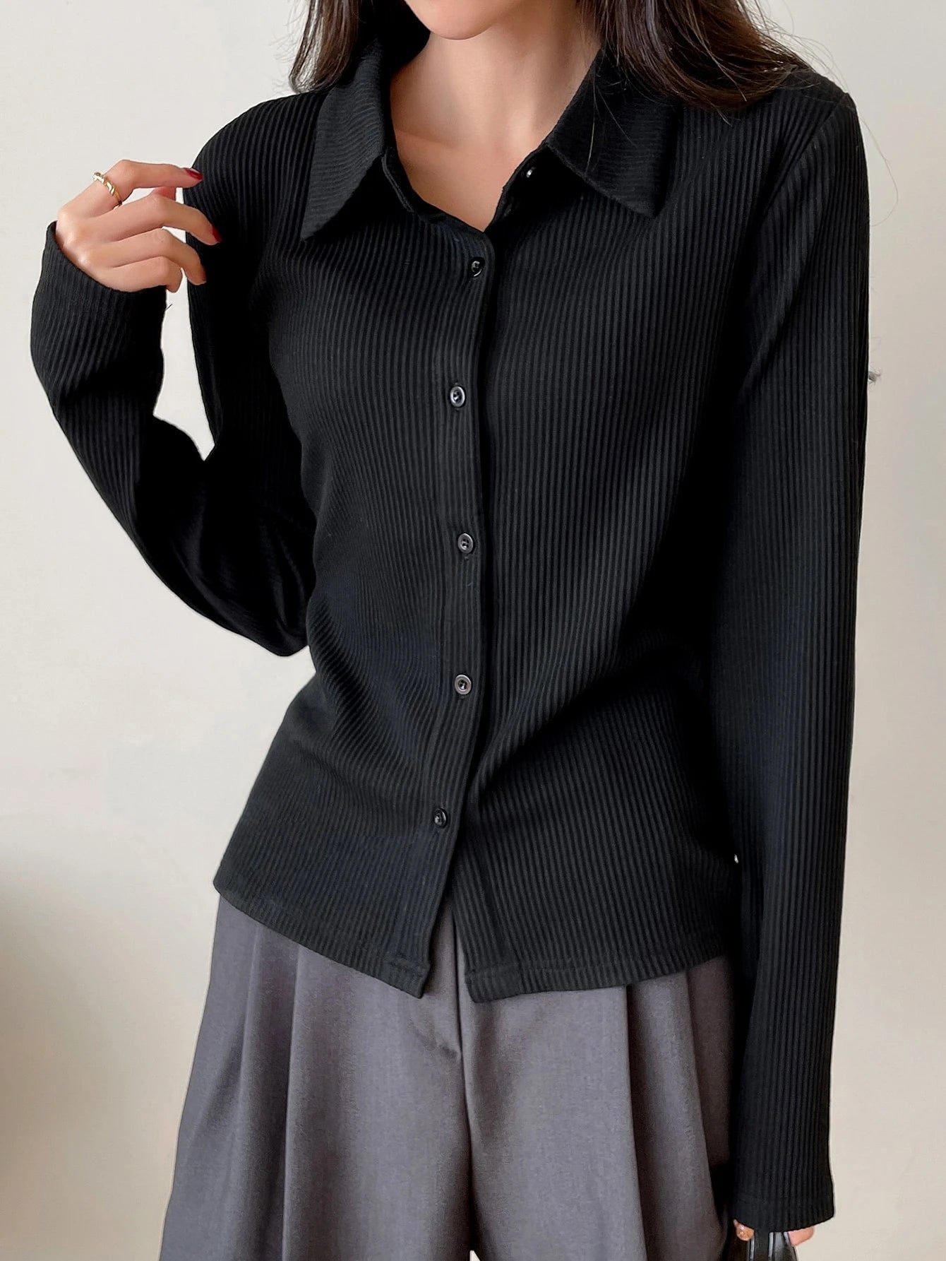Ribbed Button-Up Shirt - Long Sleeve Collared Knit Blouse, Slim Fit Casual Top