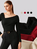 Elastic Ruched Asymmetric Neck Long Sleeve Elegant T-Shirt